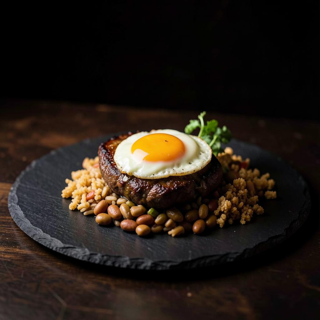 Prato de restaurante brasileiro com arroz, feijão, bife e ovo